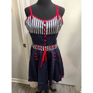 Voodoo Vixen Fit & Flare Striped Navy Red White Button Bow Sleeveless XL
